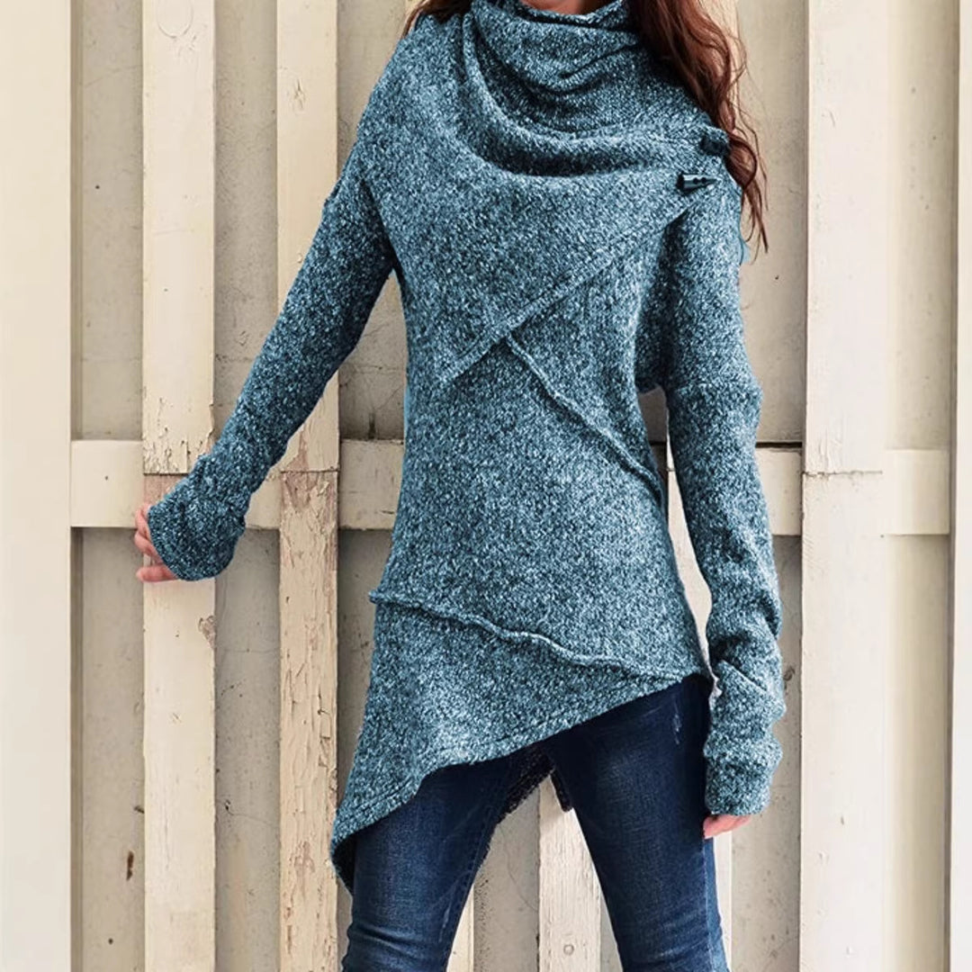 Women's Asymmetrical Boucle Knit Sweater with Large Shawl Collar Mune Fashion