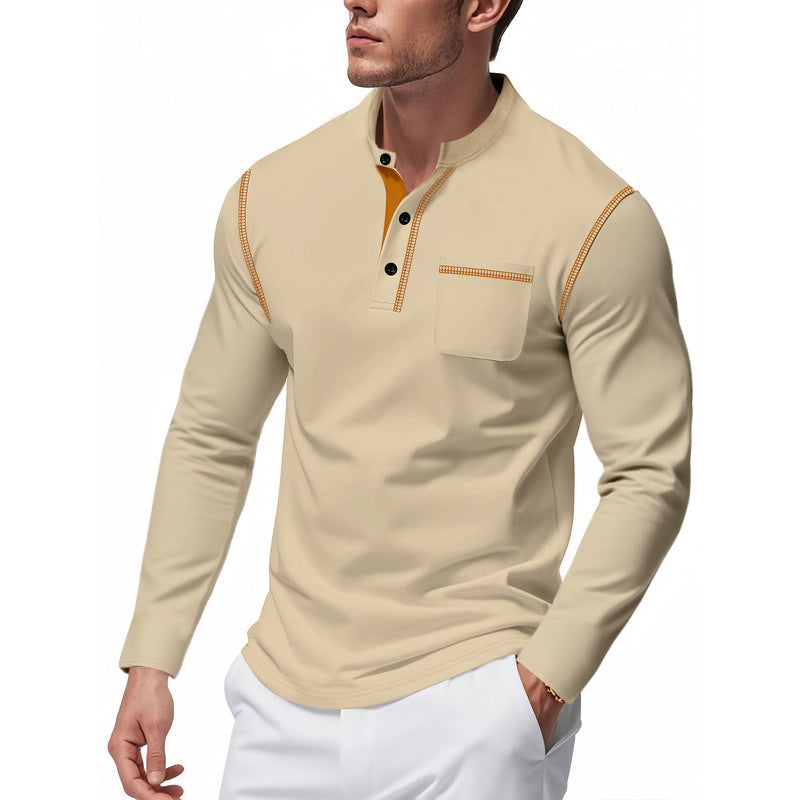 Men's Henley Long Sleeve Shirt with Stand-Up Collar, Chest Pocket and Contrasting Decorative Stitches Mune Fashion