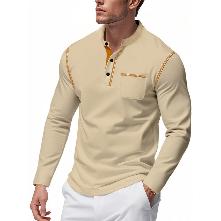 Men's Henley Long Sleeve Shirt with Stand-Up Collar, Chest Pocket and Contrasting Decorative Stitches Mune Fashion