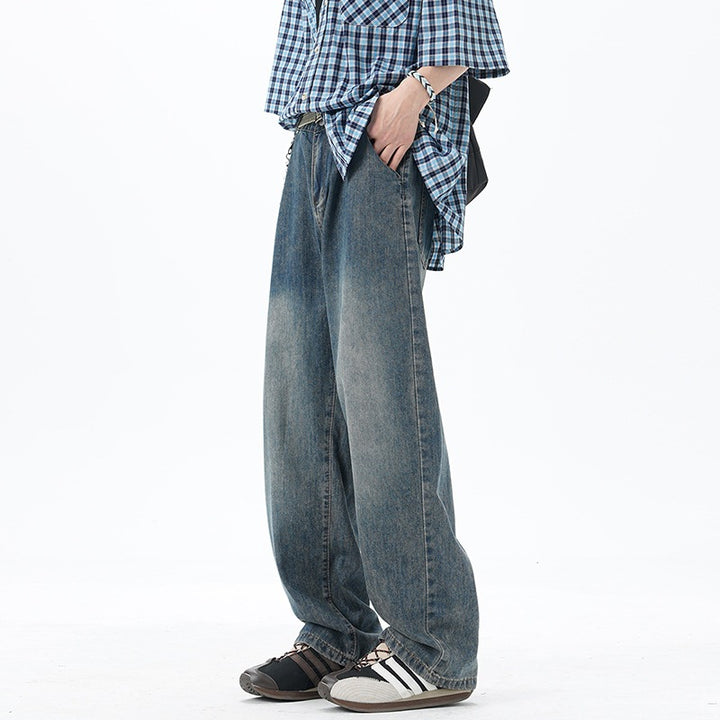 Men's Loose Denim Jeans with Vintage Wash and Drop Crotch Mune Fashion