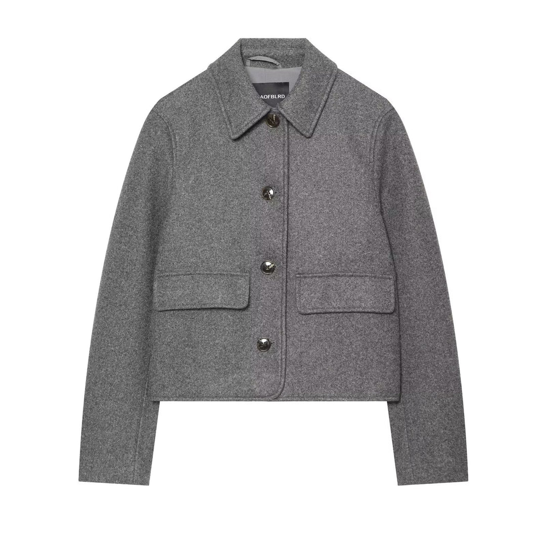 Women's Short Boxy Wool Blouson with Shirt Collar and Flap Pockets Drune