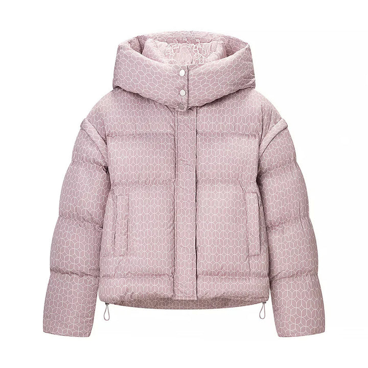 Women nan short boxy quilted jacket with graphic quilt pattern, large hood, concealed snap button placket and drawstring hem Mune Fashion
