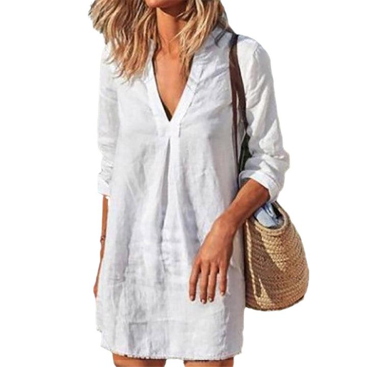 Women's linen tunic dress with V-neck knee-length loose A-line Mune Fashion