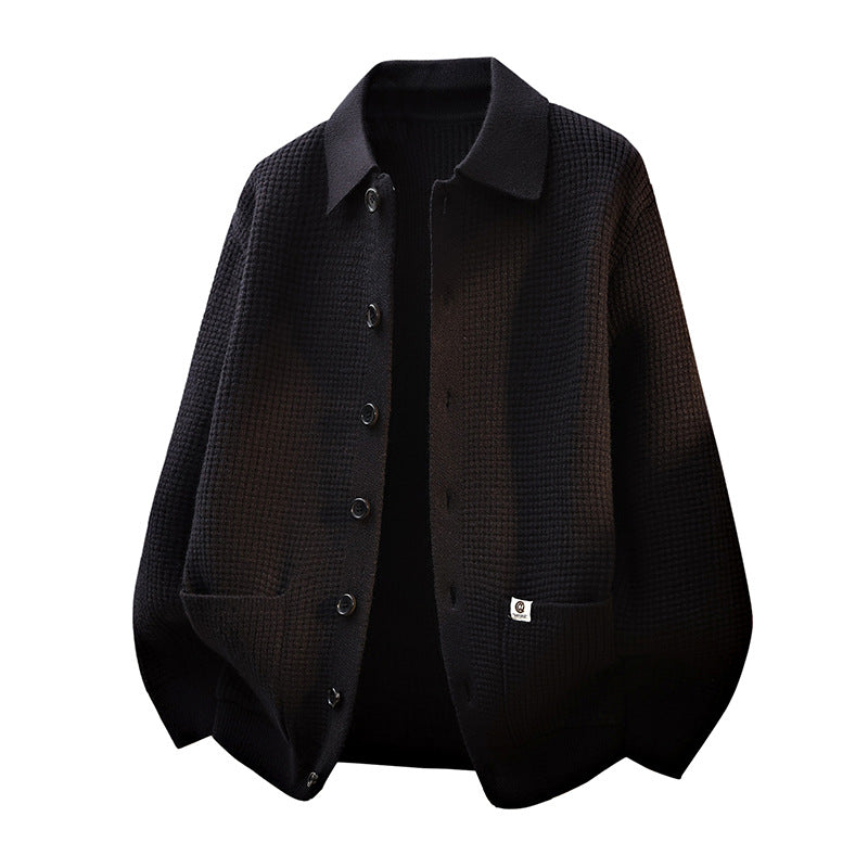Men's Coarsely Structured Shirt Jacket - Knit Cardigan with Waffle Texture, Shirt Collar & Patch Pockets Mune Fashion