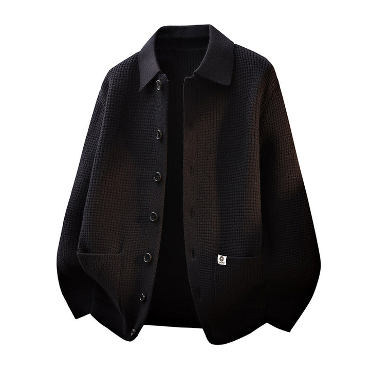 Men's Coarsely Structured Shirt Jacket - Knit Cardigan with Waffle Texture, Shirt Collar & Patch Pockets Mune Fashion