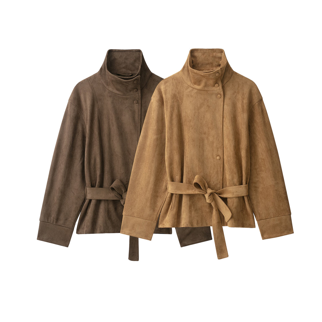 Women's Short Suede Jacket with High Stand Collar and Tie Belt Mune Fashion