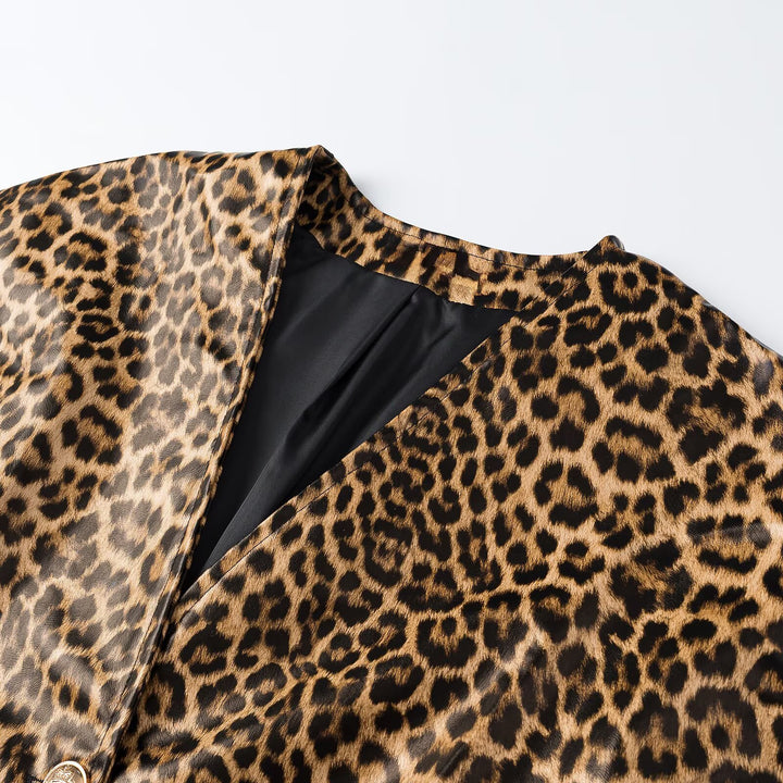 Women Tailored Blazer Vests with Deep V-Neck and Leopard Print Mune Fashion