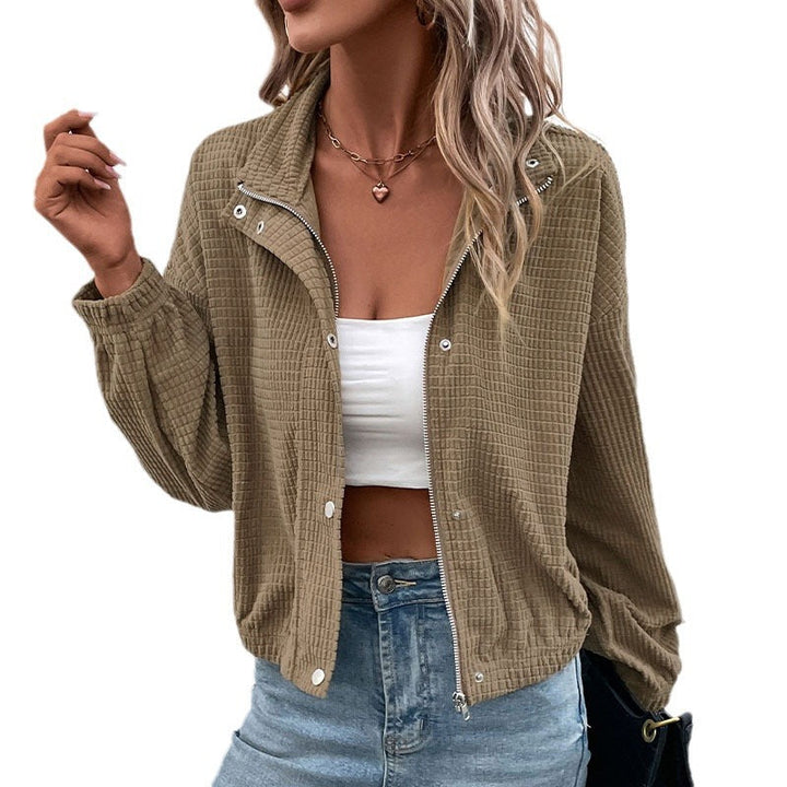 Women's Short-Cut Waffle Structure Transition Jacket with Zipper, Stand Collar and Elastic Cuffs Mune Fashion
