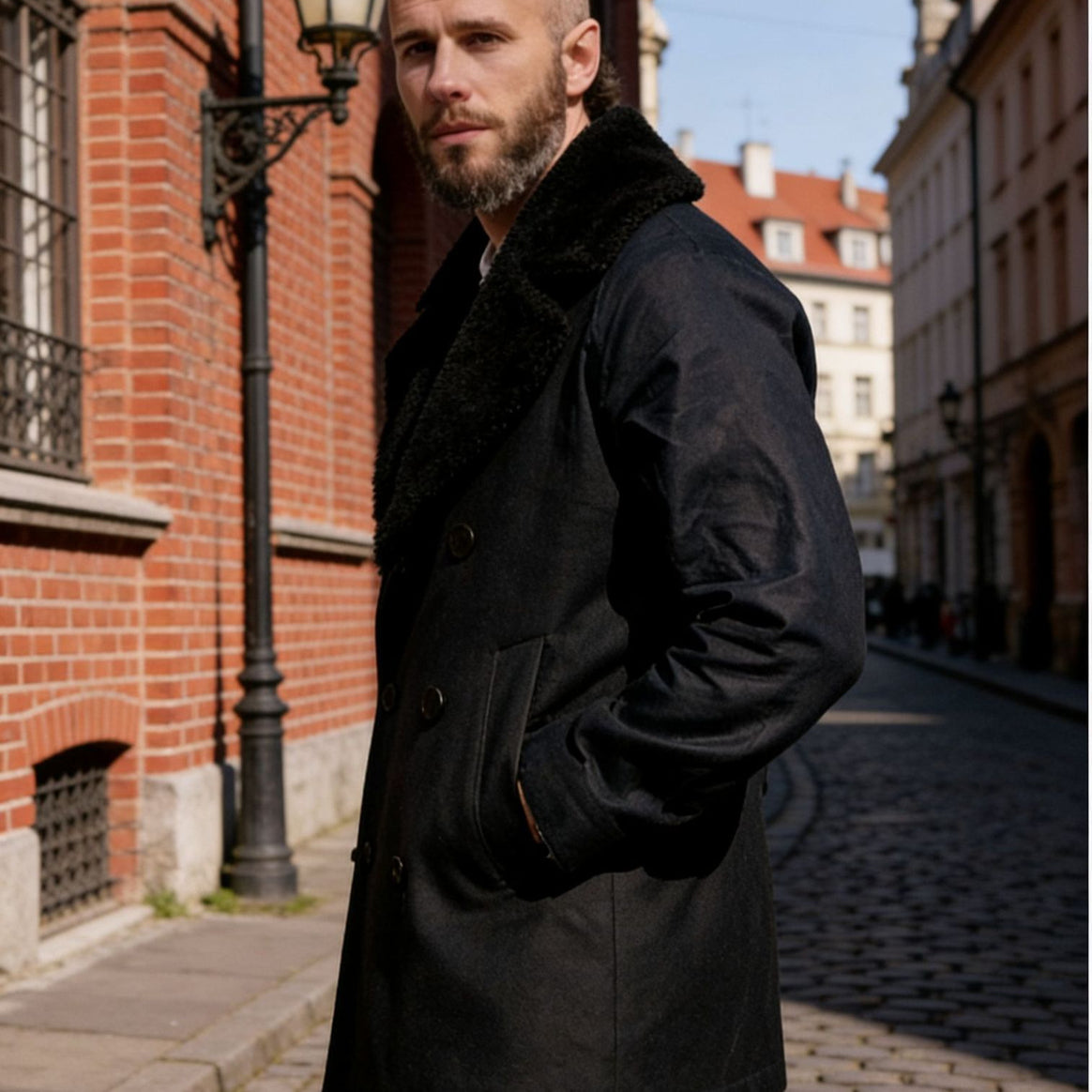 Men's double-breasted short coat made of wool blend with large teddy collar Mune Fashion