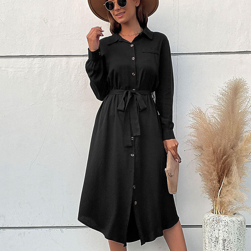 Women’s midi dress in shirt blouse style with continuous button placket, waist tie belt, and long sleeves Mune Fashion