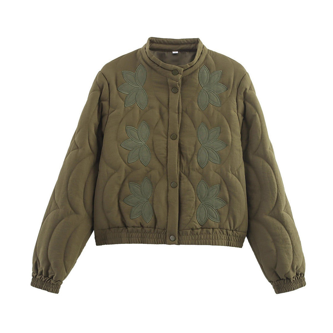 Women's Short Cut Quilted Jacket with Flower Applique and Stand-Up Collar Mune Fashion
