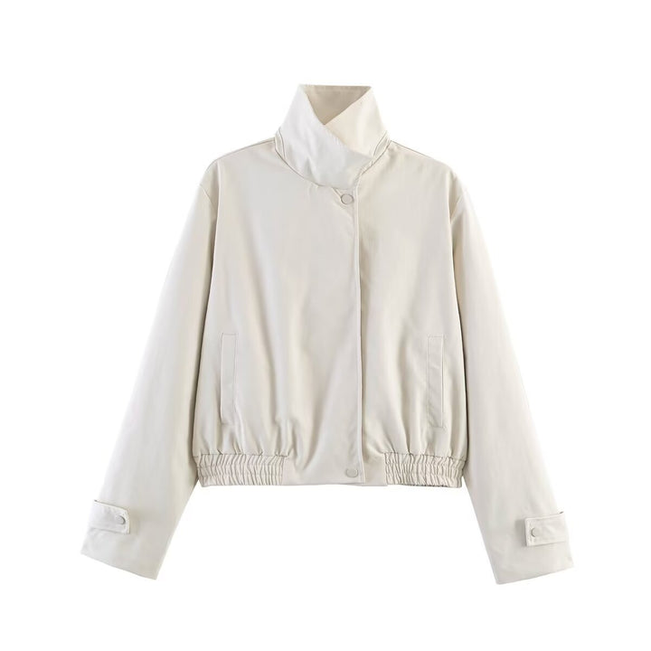 Women's short cut boxy blouse jacket with high stand-up collar, snap button placket, and elastic hem Mune Fashion