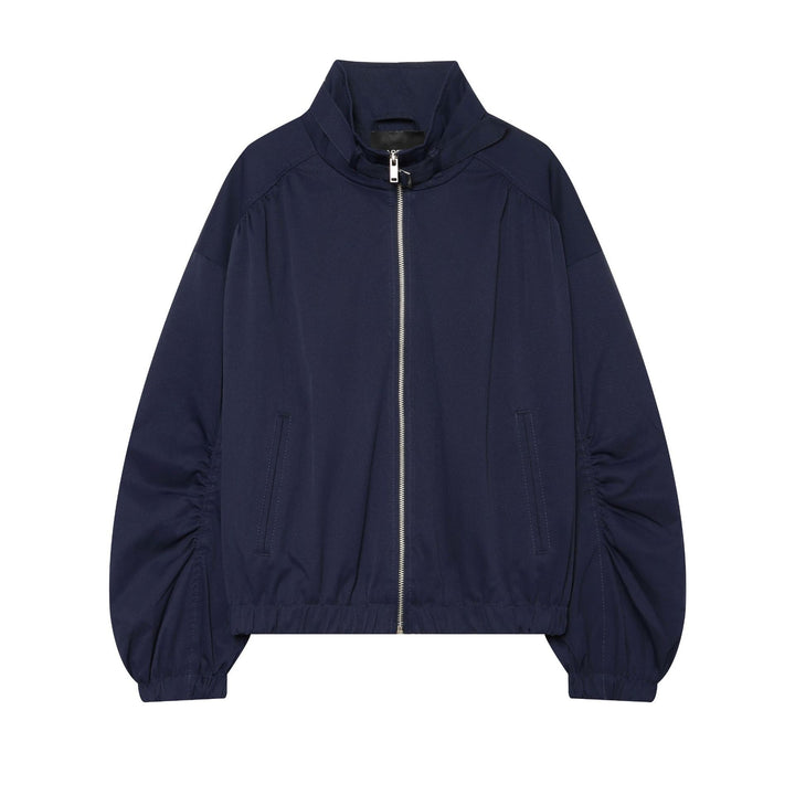 Ladies Cropped Bomber Jacket with Stand-Up Collar and Gathered Balloon Sleeves Mune Fashion