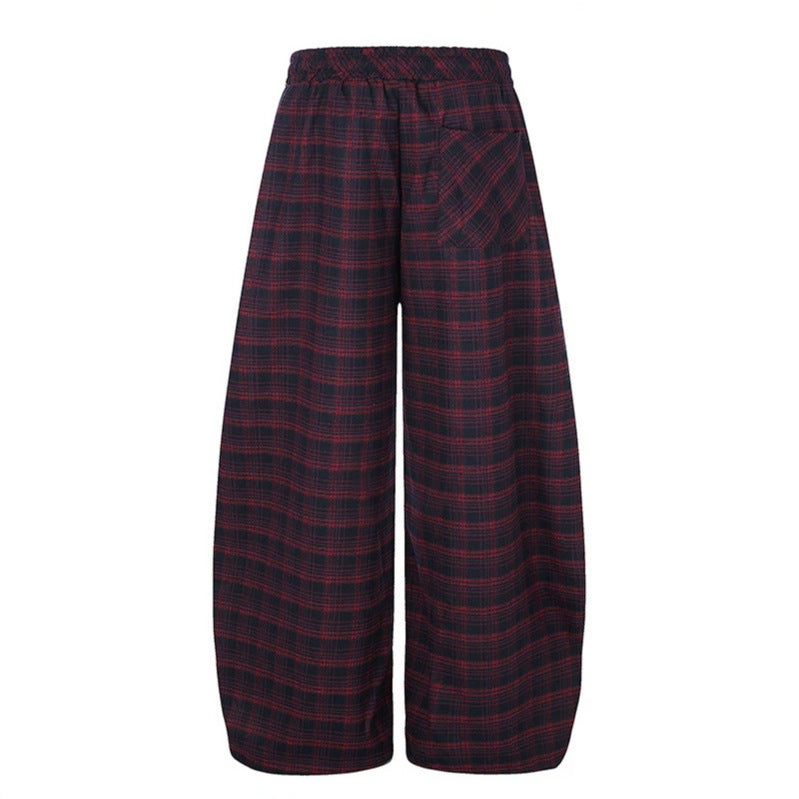 Women Checked Palazzo Pants in Loungewear Style with Wide Leg, Elastic Waistband and Drawstring