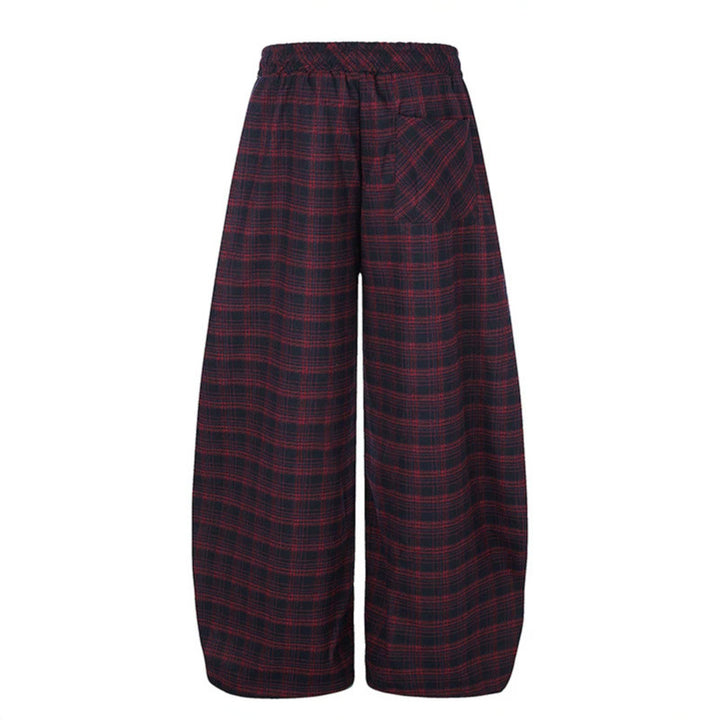 Women Checked Palazzo Pants in Loungewear Style with Wide Leg, Elastic Waistband and Drawstring