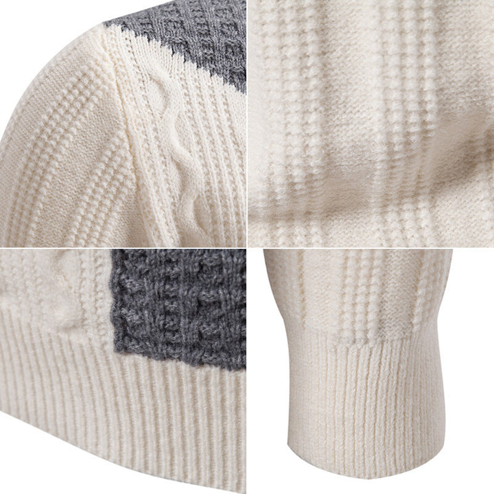 Men's fine knit sweater with cable pattern, diagonal block design, and stand-up collar Mune Fashion