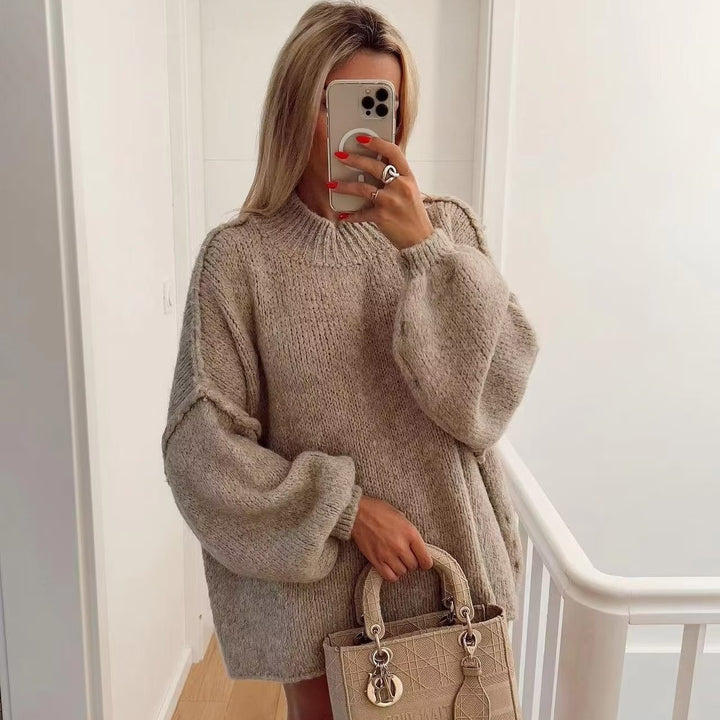 Women's chunky knit sweater with standing collar, dropped shoulders, and balloon sleeves Mune Fashion