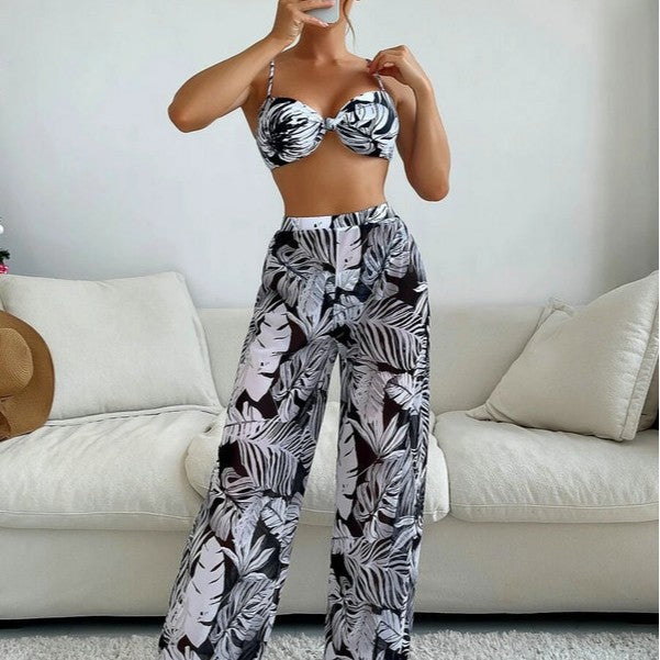 Ladies swim outfit with floral top and transparent palazzo pants Mune Fashion
