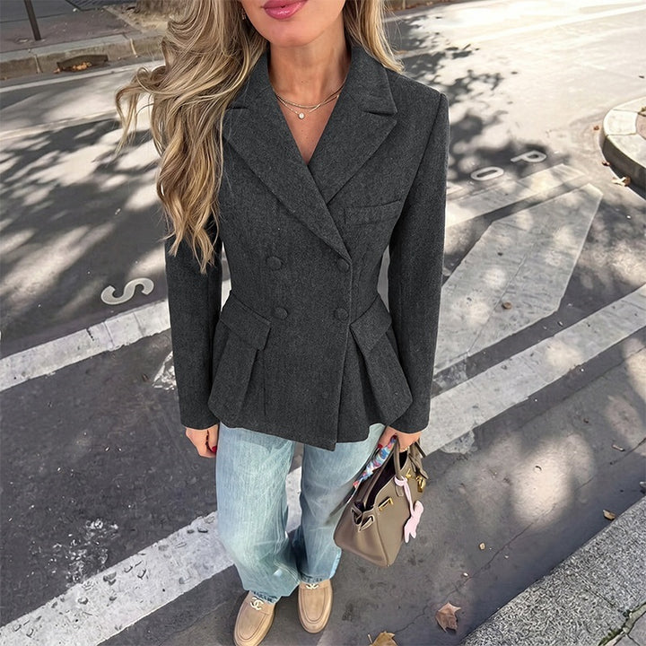 Women's Tailored Double-Breasted Blazer with Peplum, Pleats & Patch Pockets Mune Fashion