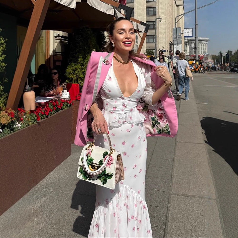 Women's Floral Satin Midi Dress with Deep V-Neck, Puff Sleeves, and Tailored Gathering Mune Fashion
