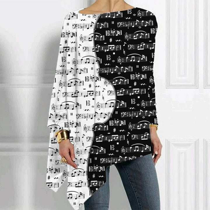Women Asymmetrical Music Print Long Sleeve with Piano and Sheet Music Motif Mune Fashion