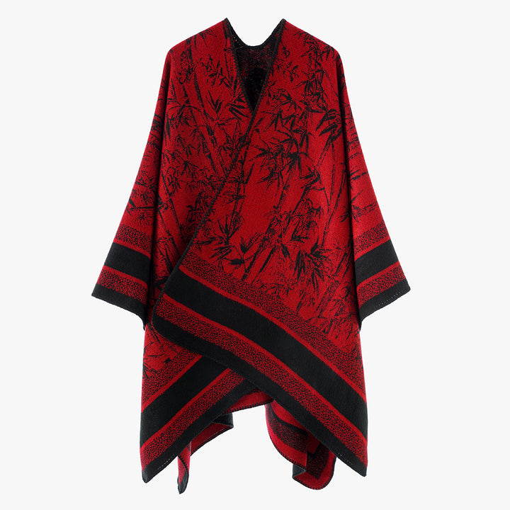 Women's Jacquard Poncho in Cape Style with Bamboo Design and Open Front Mune Fashion