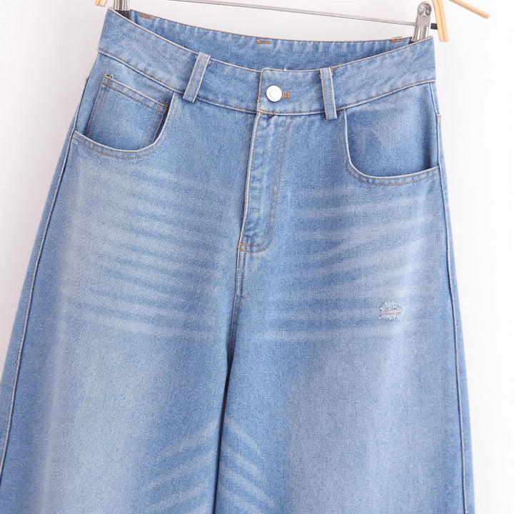 Women's High-Waist Jeans Pants with Wide Leg, Straight Hem and Subtle Used Look Mune Fashion
