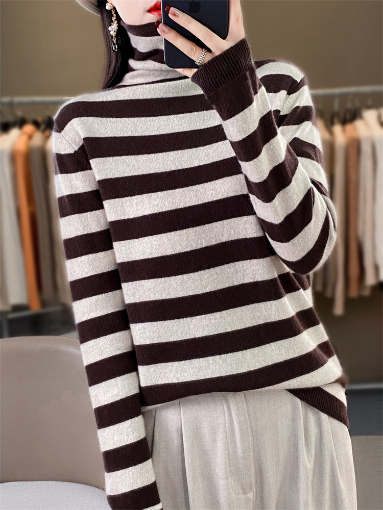 Women's Casual Striped Turtleneck Sweater made of Wool Blend with Relaxed Fit Mune Fashion