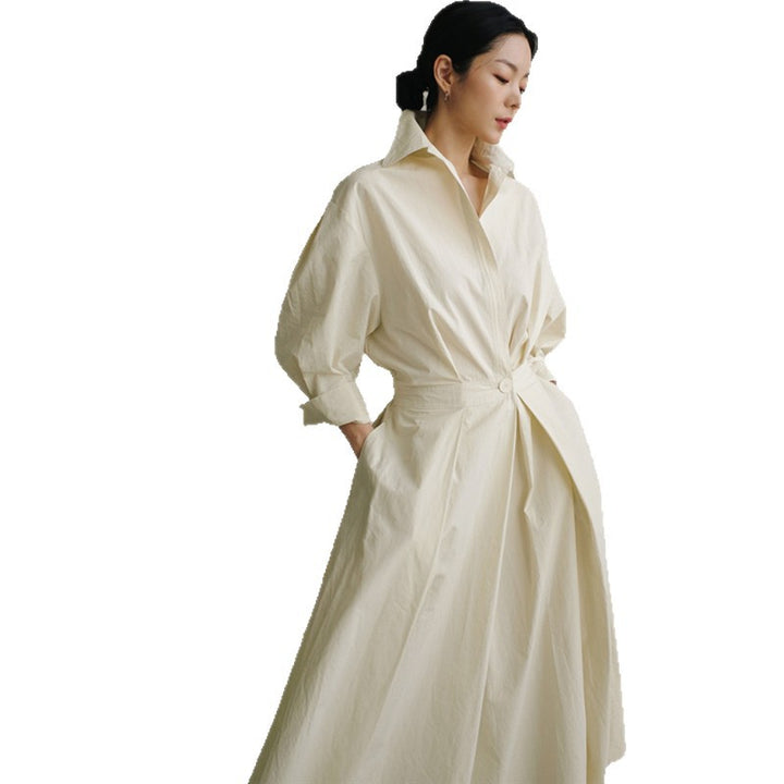Women's collar blouse dress with tailored button placket and wide pleated skirt Mune Fashion