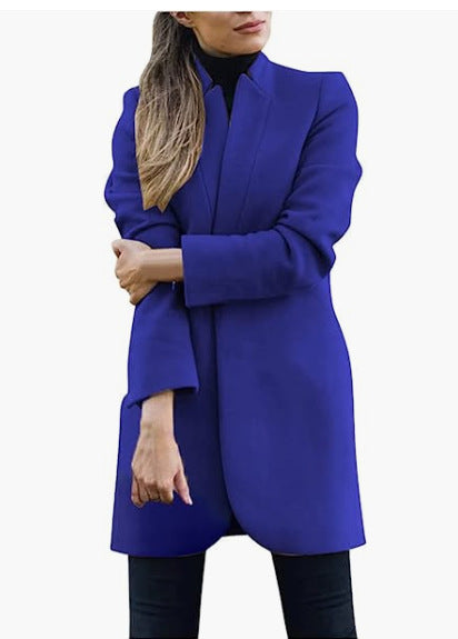 Women's tailored long blazer coat with stand-up collar and concealed fastening Mune Fashion