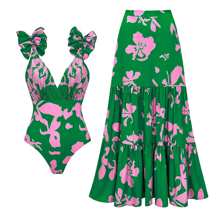 Women's One-Piece Swimsuit with Voluminous Ruffles and Floral Design Mune Fashion