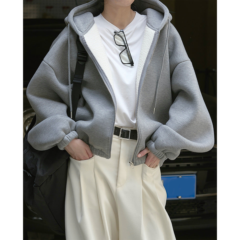 Women Oversized Hooded Zip Jacket with Teddy Lining and Elastic Hem Mune Fashion