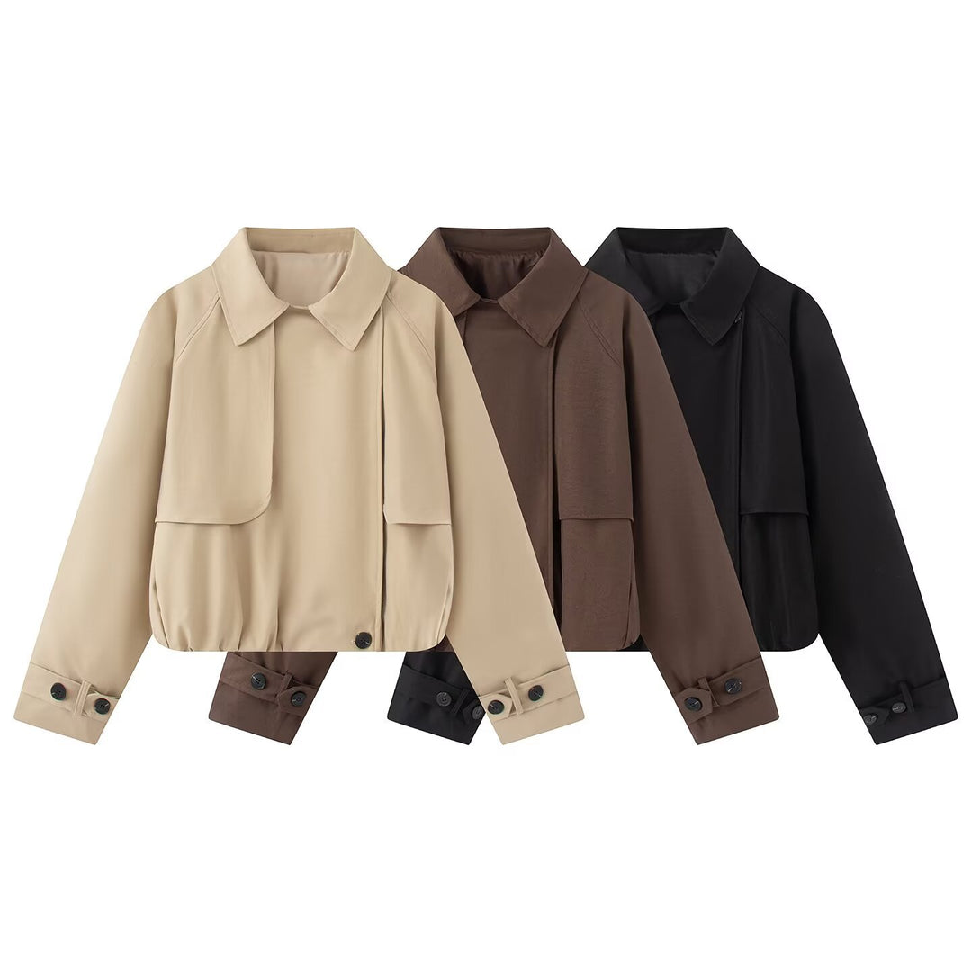 Women's Cropped Short Jacket with Cape Front, Shirt Collar and Adjustable Cuffs Mune Fashion