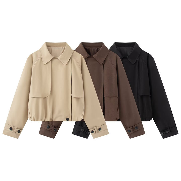 Women's Cropped Short Jacket with Cape Front, Shirt Collar and Adjustable Cuffs Mune Fashion