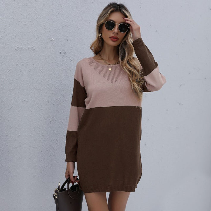 Women Casual Knit Dress with V-Neck and Color Block Mune Fashion