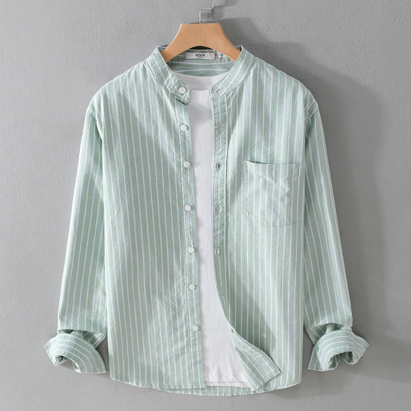 Men's Lightweight Stand Collar Long Sleeve Shirt made of Cotton Blend with Fine Pinstripe and Chest Pocket Mune Fashion