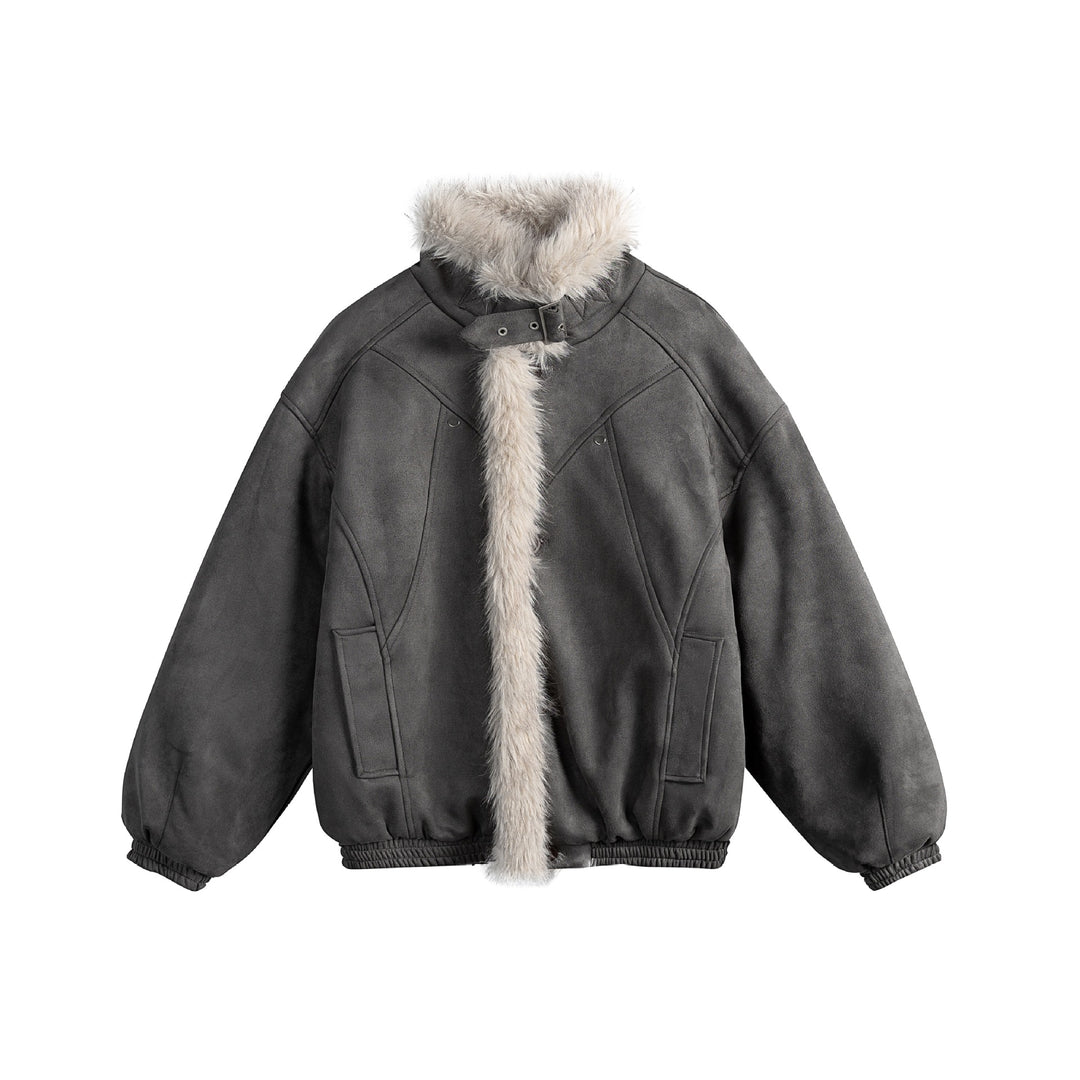 Ladies short cut velour imitation bomber jacket with teddy trim and adjustable neck strap Mune Fashion