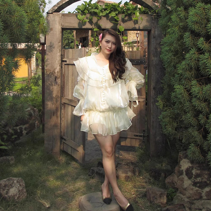 Women's Ruffled Chiffon Mini Dress with Ruffles, Sheer Layer and Button Placket Mune Fashion