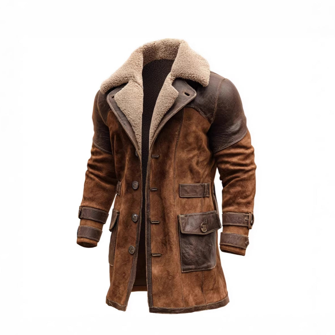 Men's Long Shearling Coat made of Suede with Leather Trim Mune Fashion