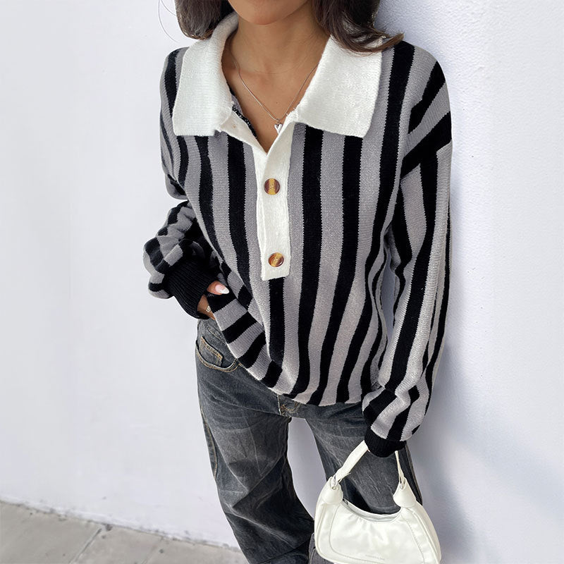 Women Casual Striped Knit Polo Collar Sweater with Contrasted Button Placket Mune Fashion