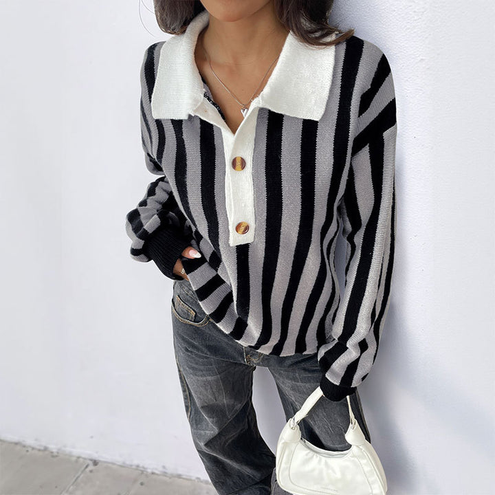 Women Casual Striped Knit Polo Collar Sweater with Contrasted Button Placket Mune Fashion