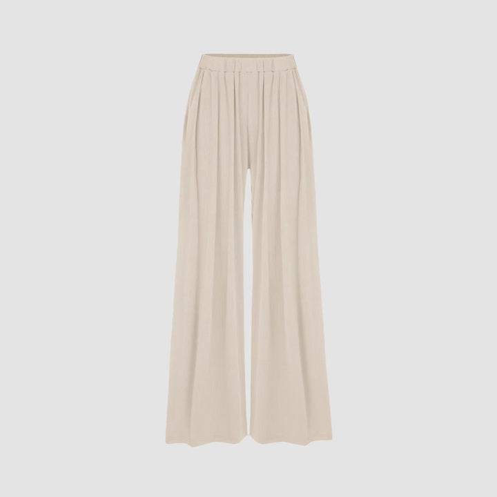 Women's Wide Palazzo Knit Trousers with High Elastic Waistband and Fine Ribbed Texture Drune