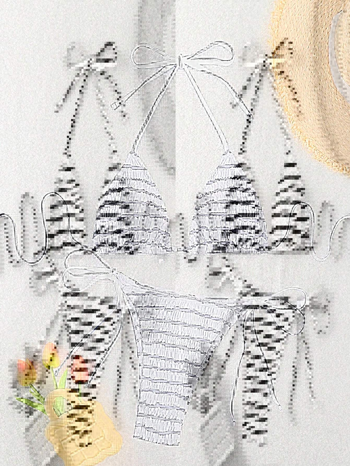 Women triangle bikini with fine stripe pattern and sophisticated tie straps Mune Fashion