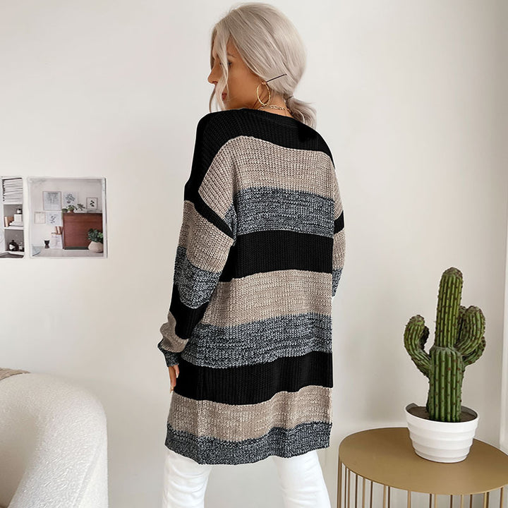 Women's Long Oversized Knit Cardigan with Block Stripes and Open Front Mune Fashion
