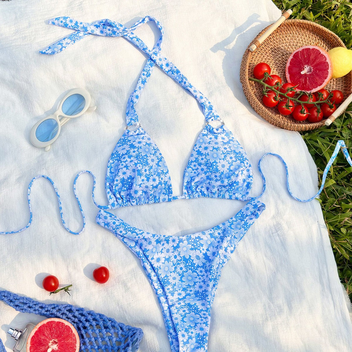 Women Triangle Bikini with playful flower design and fashionable tie straps Mune Fashion