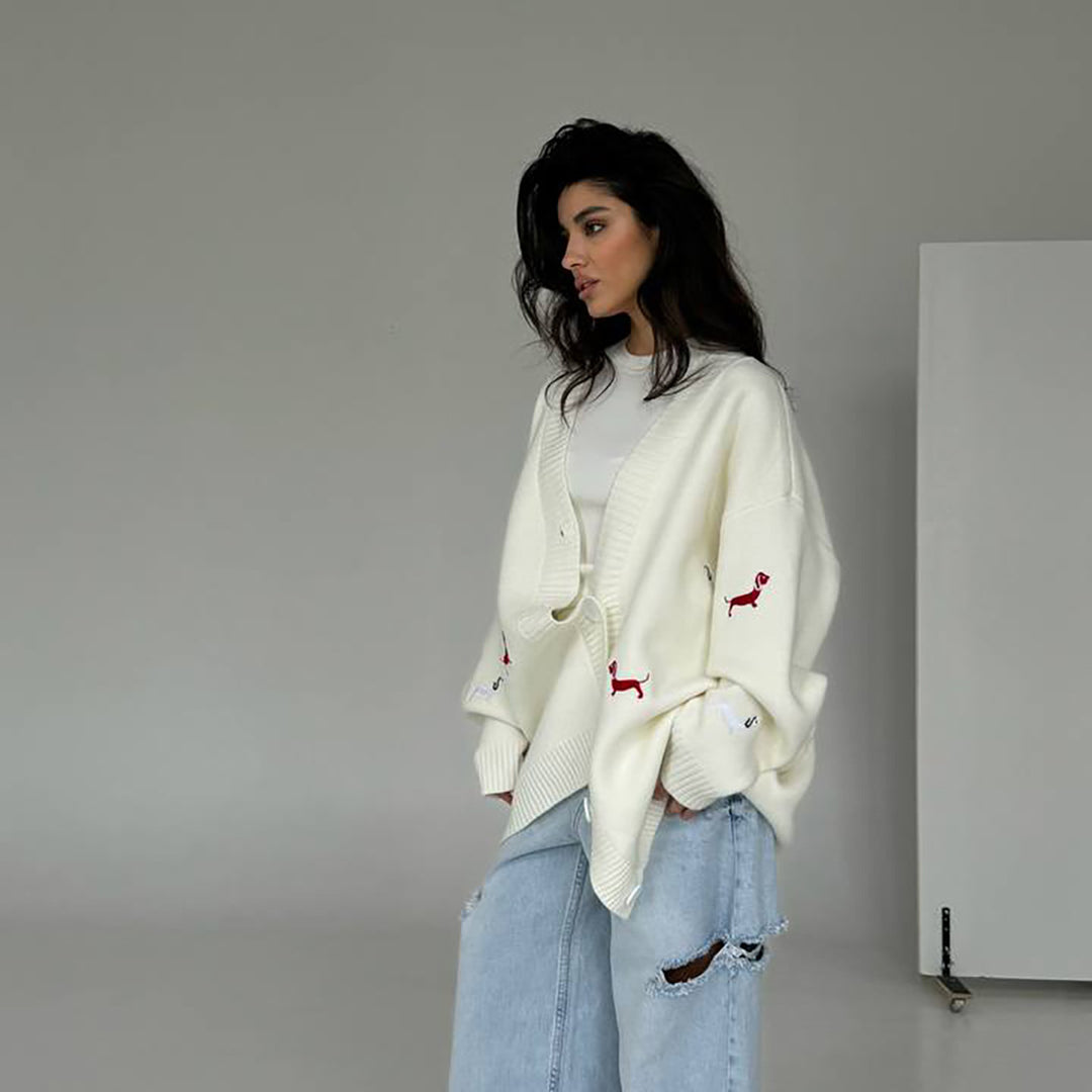 Women Oversized Knit Cardigan with Embroidered Dachshund Motifs Mune Fashion