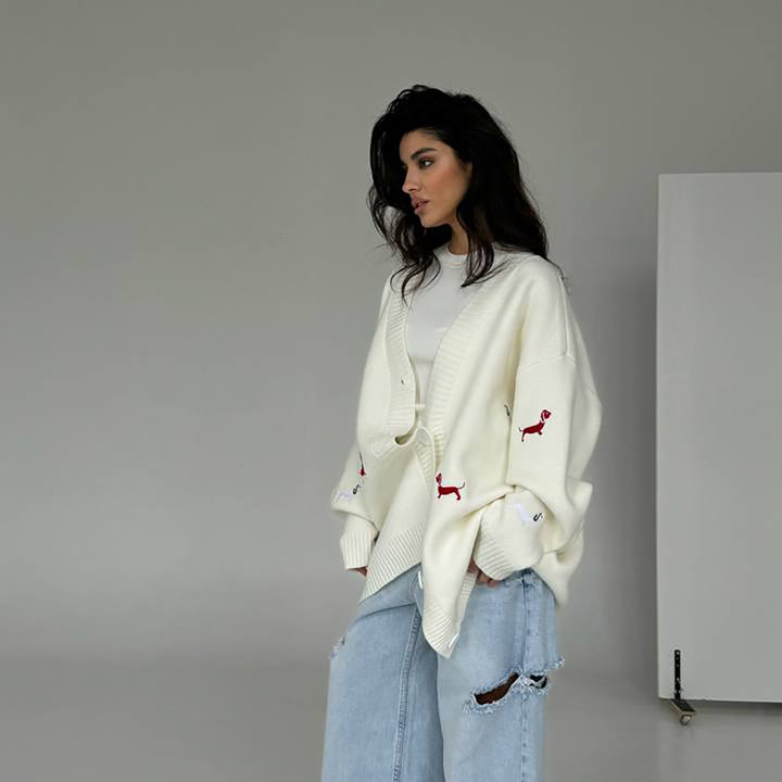 Women Oversized Knit Cardigan with Embroidered Dachshund Motifs Mune Fashion