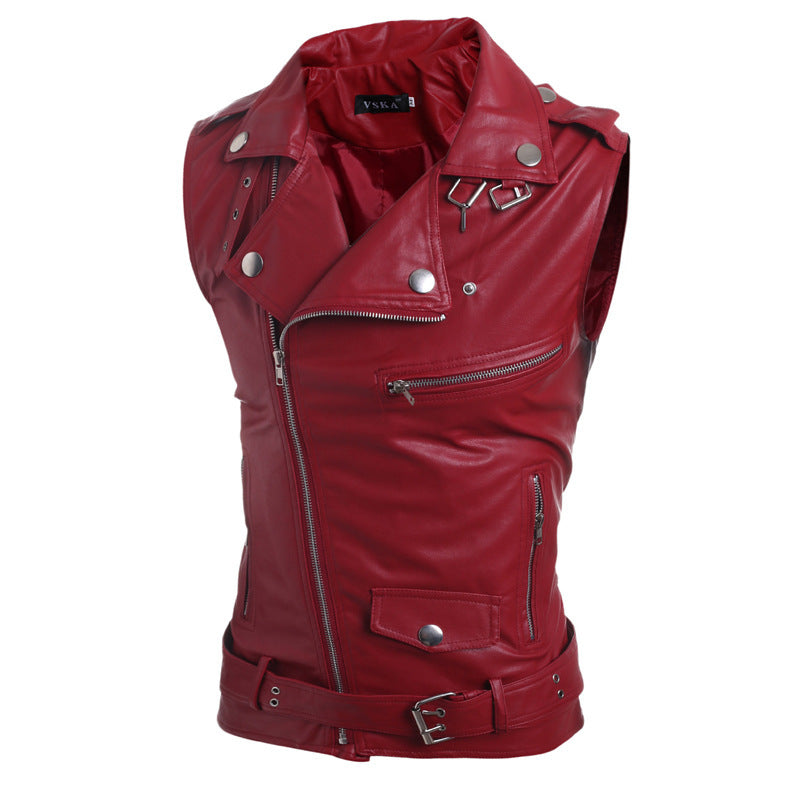 Men's sleeveless biker vest with asymmetric zipper, decorative belts and metal accents Mune Fashion