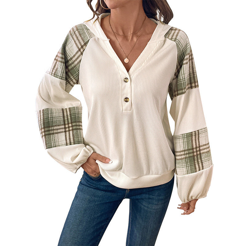 Ladies Stylish Long Sleeve Shirt with Button Details and Checkered Sleeves Mune Fashion