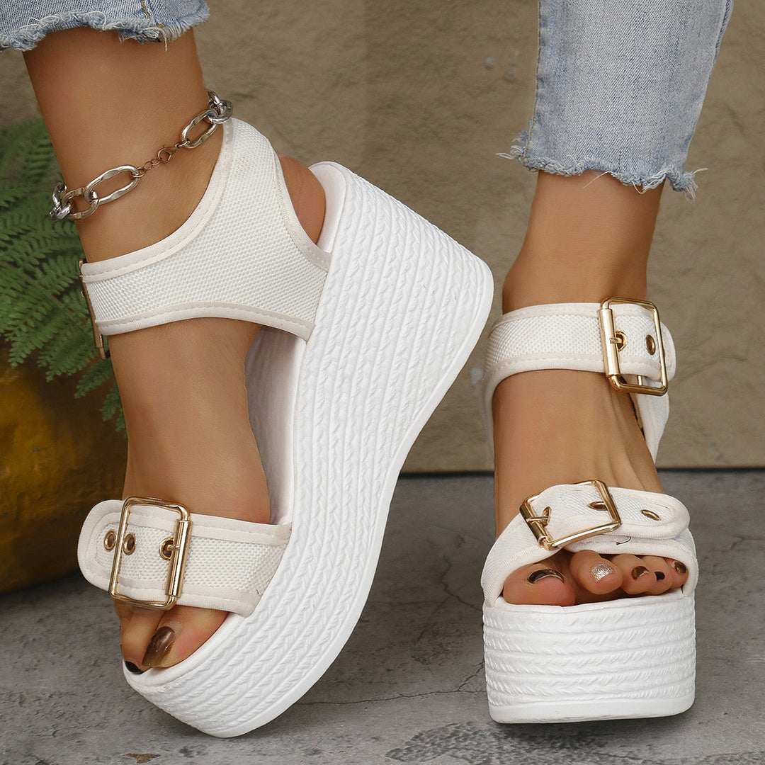 Ladies' espadrille platform sandals with textile straps, large metal buckles, and padded comfort footbed Mune Fashion